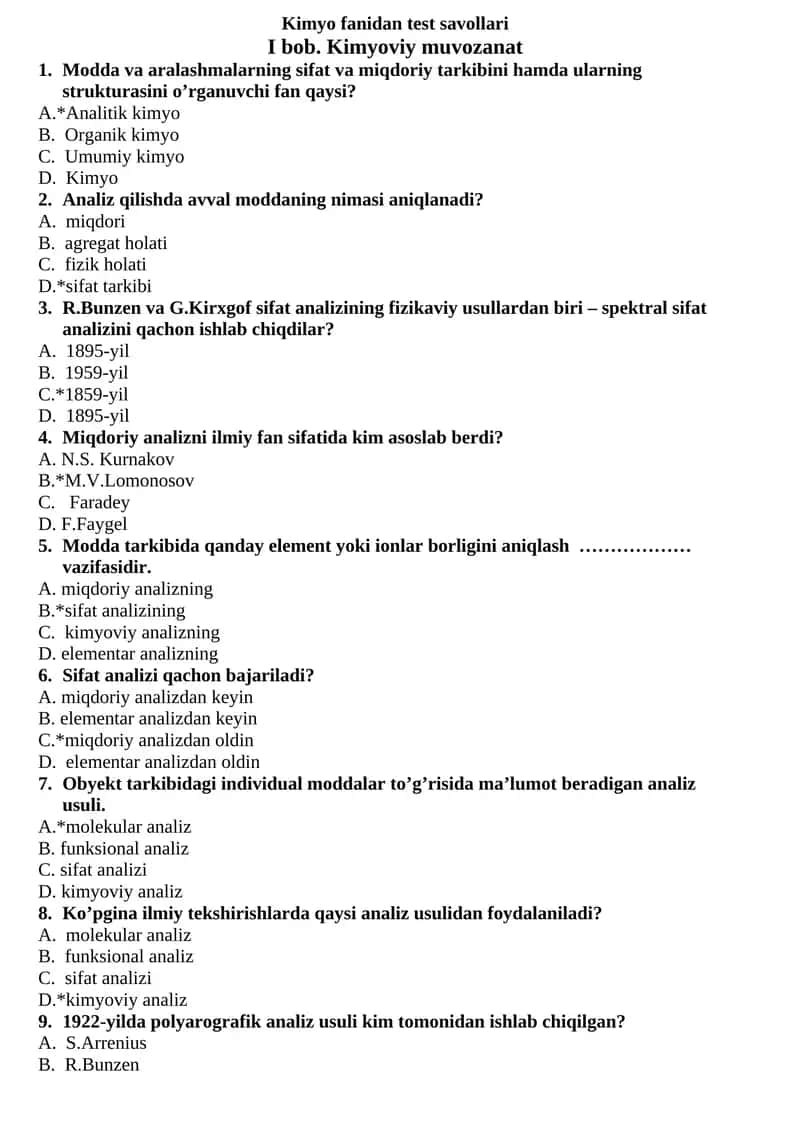 Kimyo fanidan test savollari 1