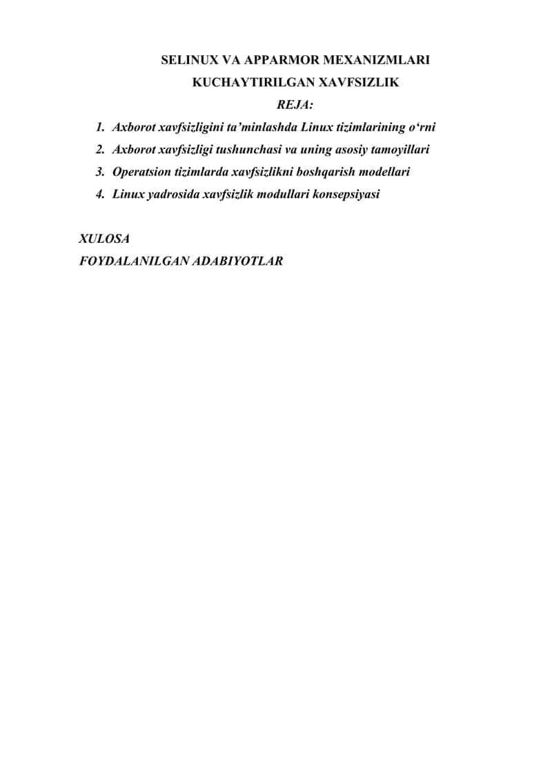 SELINUX VA APPARMOR MEXANIZMLARI KUCHAYTIRILGAN XAVFSIZLIK 1