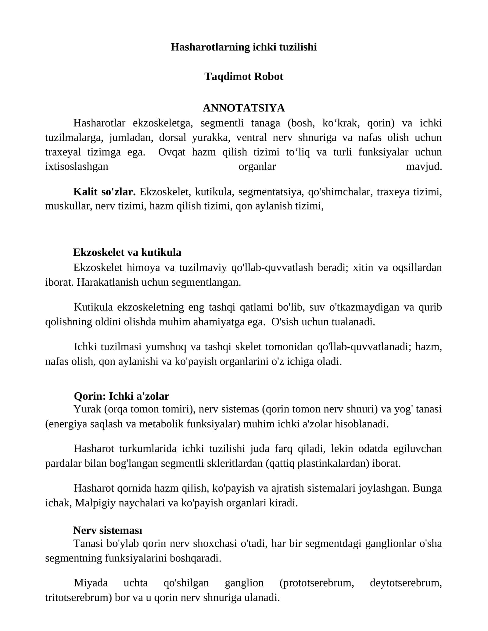 Hasharotlarning ichki tuzilishi 1