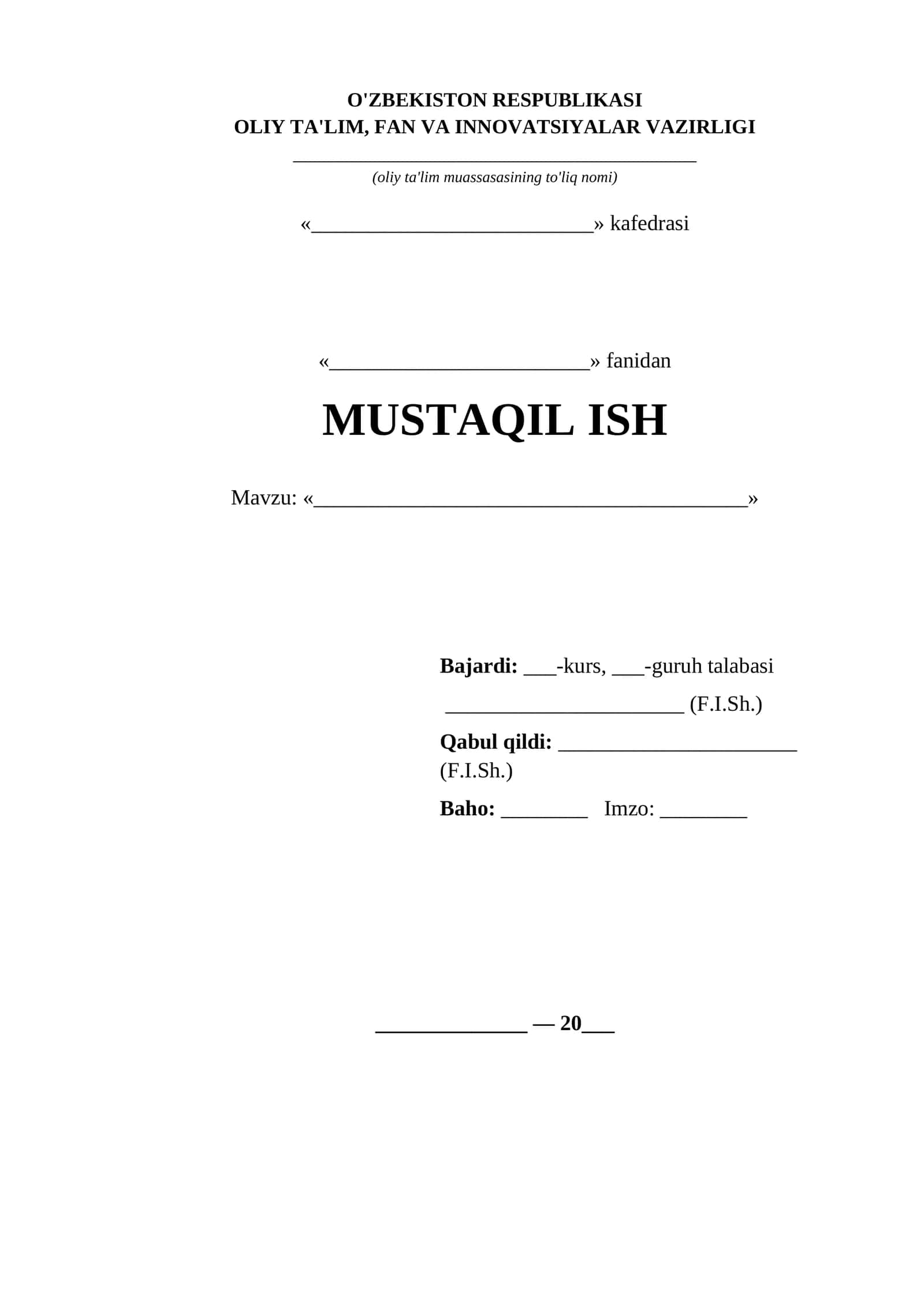 Mustaqil ish titul varagi OTM klassik 1