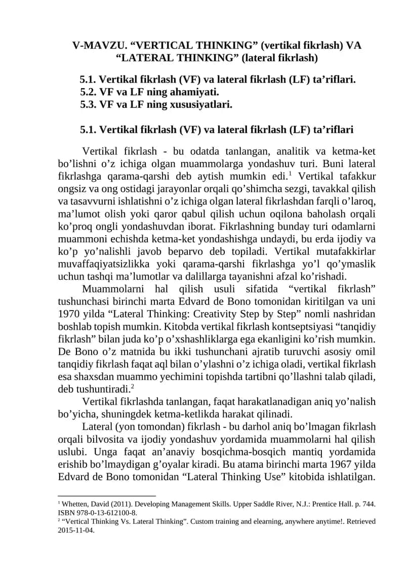 "VERTICAL THINKING" (vertikal fikrlash) VA "LATERAL THINKING" (lateral fikrlash) 1