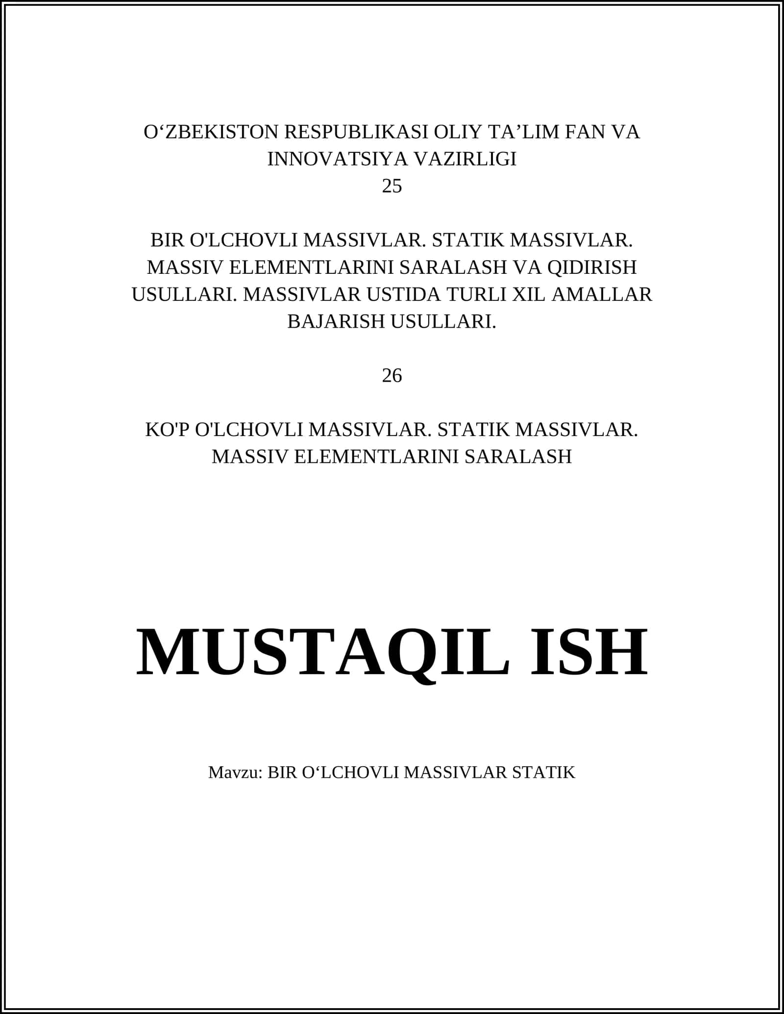 BIR O‘LCHOVLI MASSIVLAR STATIK 1