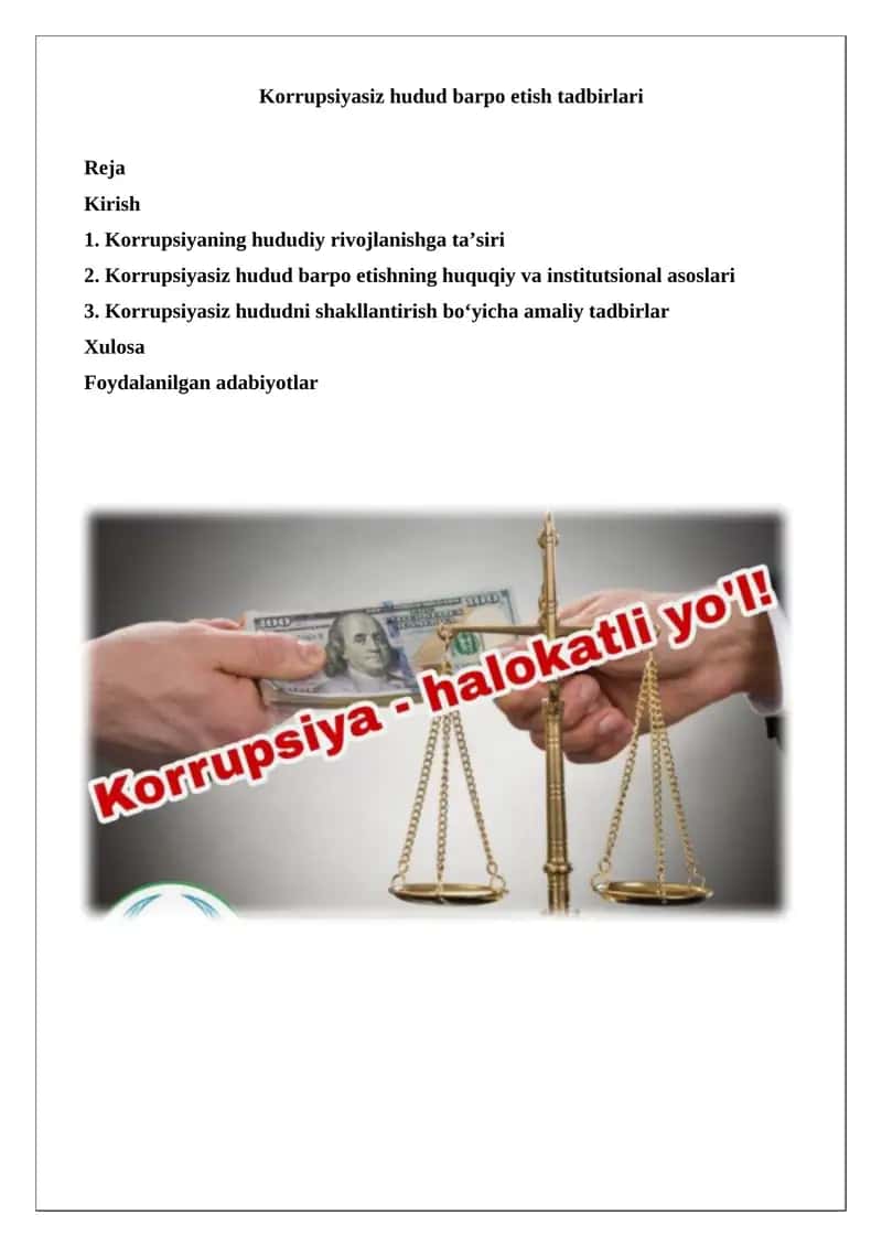 Korrupsiyasiz hudud barpo etish tadbirlari 1
