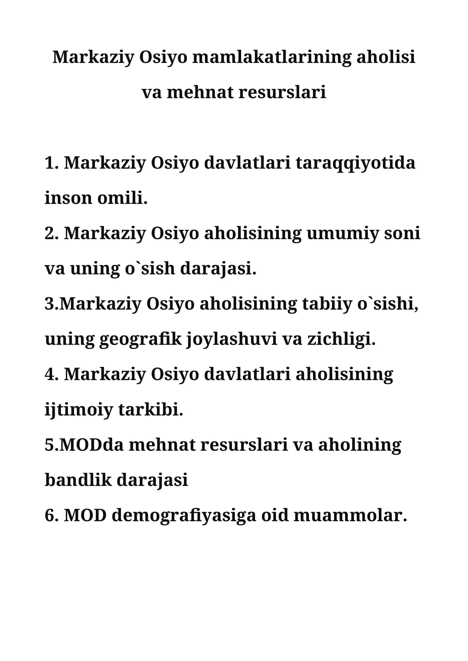 Markaziy Osiyo mamlakatlarining aholisi va mehnat resurslari 1