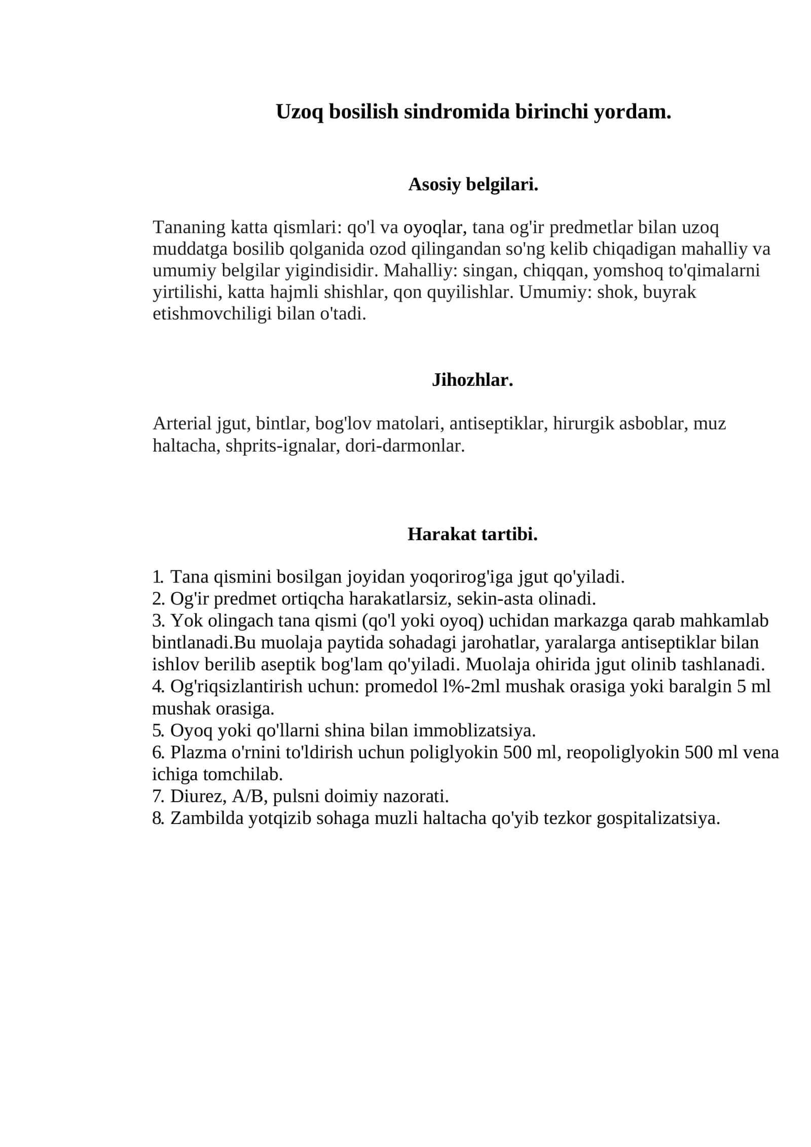 Uzoq bosilish sindromida birinchi yordam 1