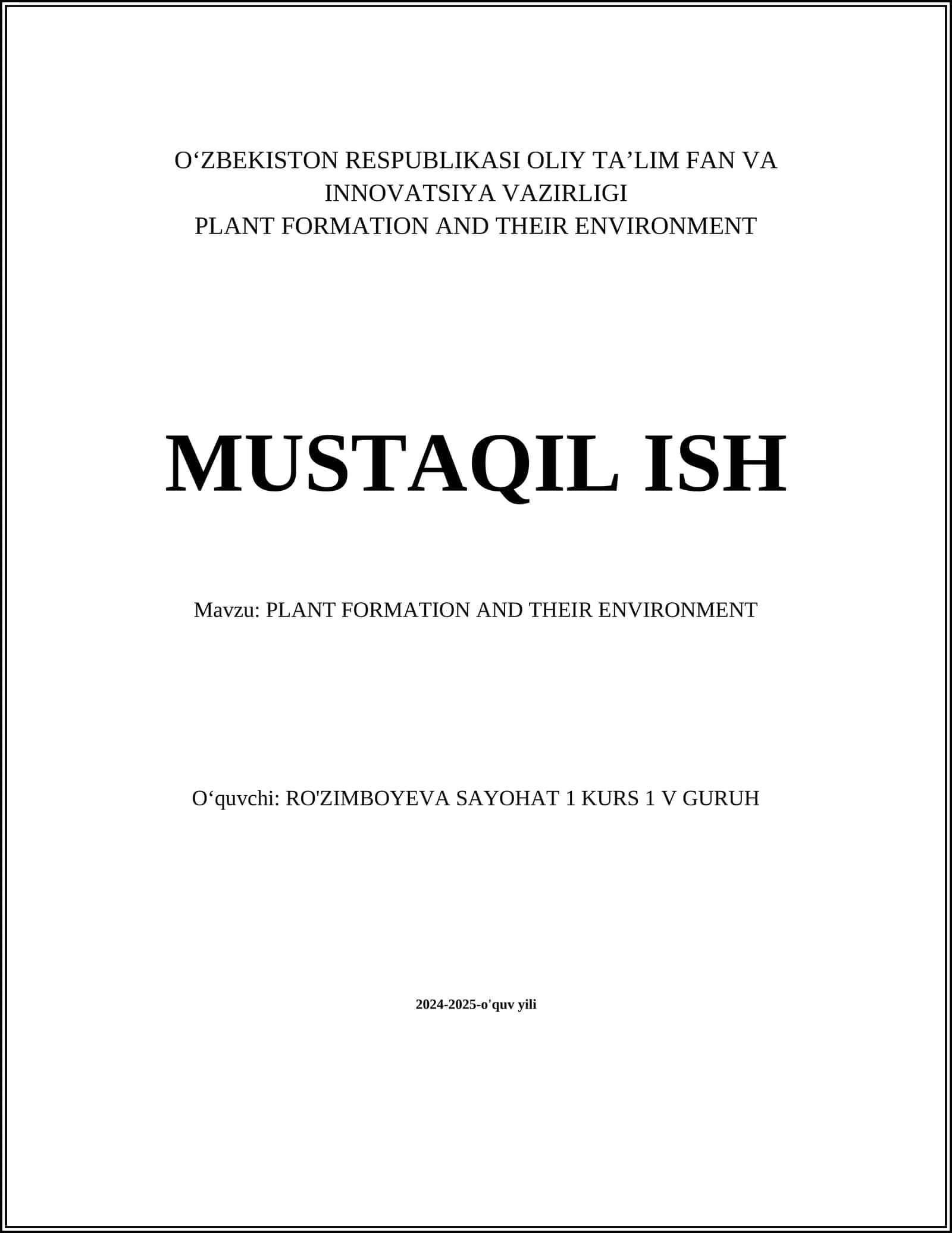 PLANT FORMATION AND THEIR ENVIRONMENT 1