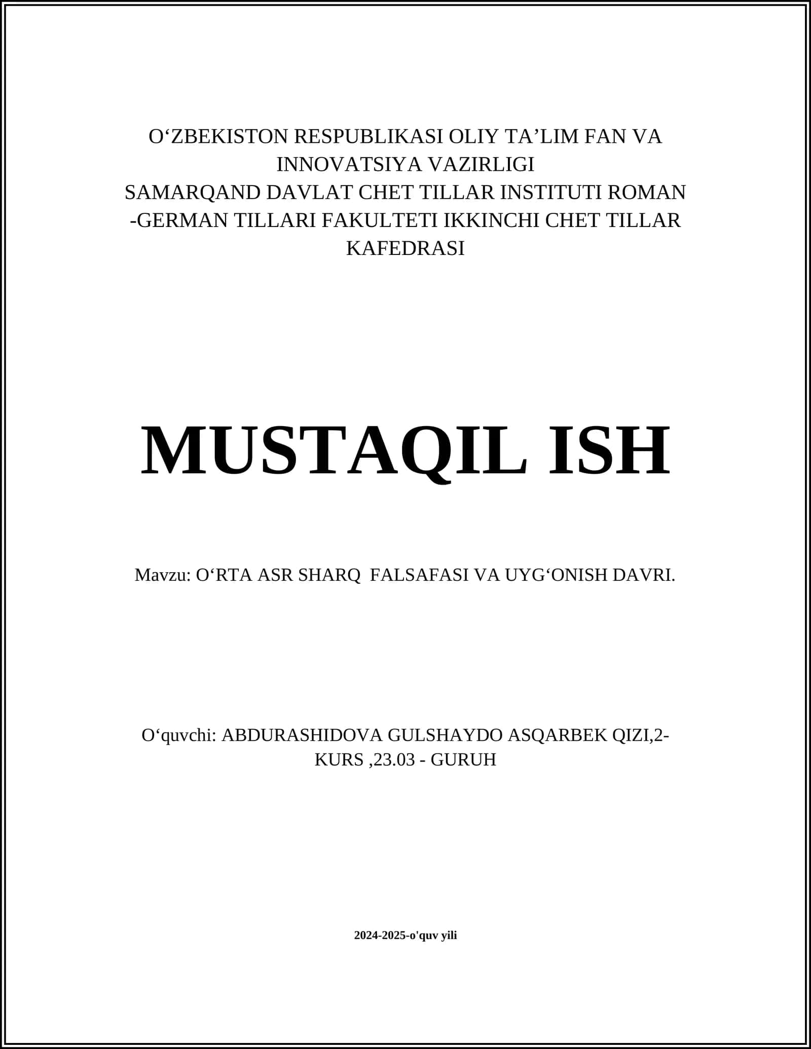 OʻRTA ASR SHARQ FALSAFASI VA UYGʻONISH DAVRI 1