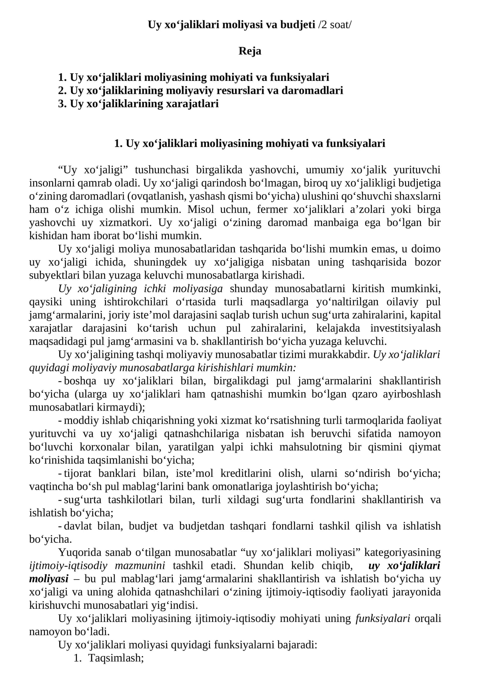Uy xo‘jaliklari moliyasi va budjeti 1