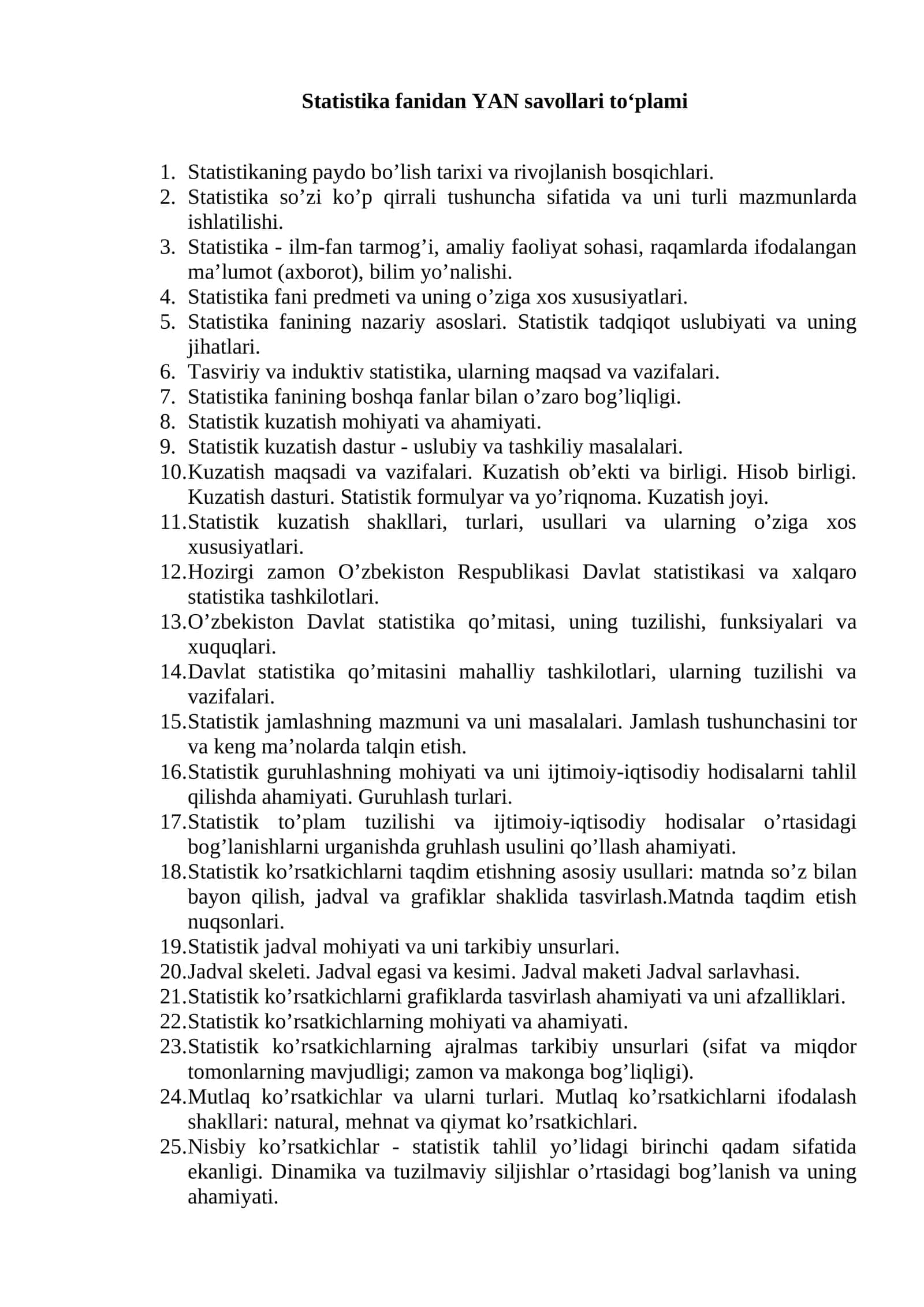 Statistika fanidan YAN savollari to‘plami 1