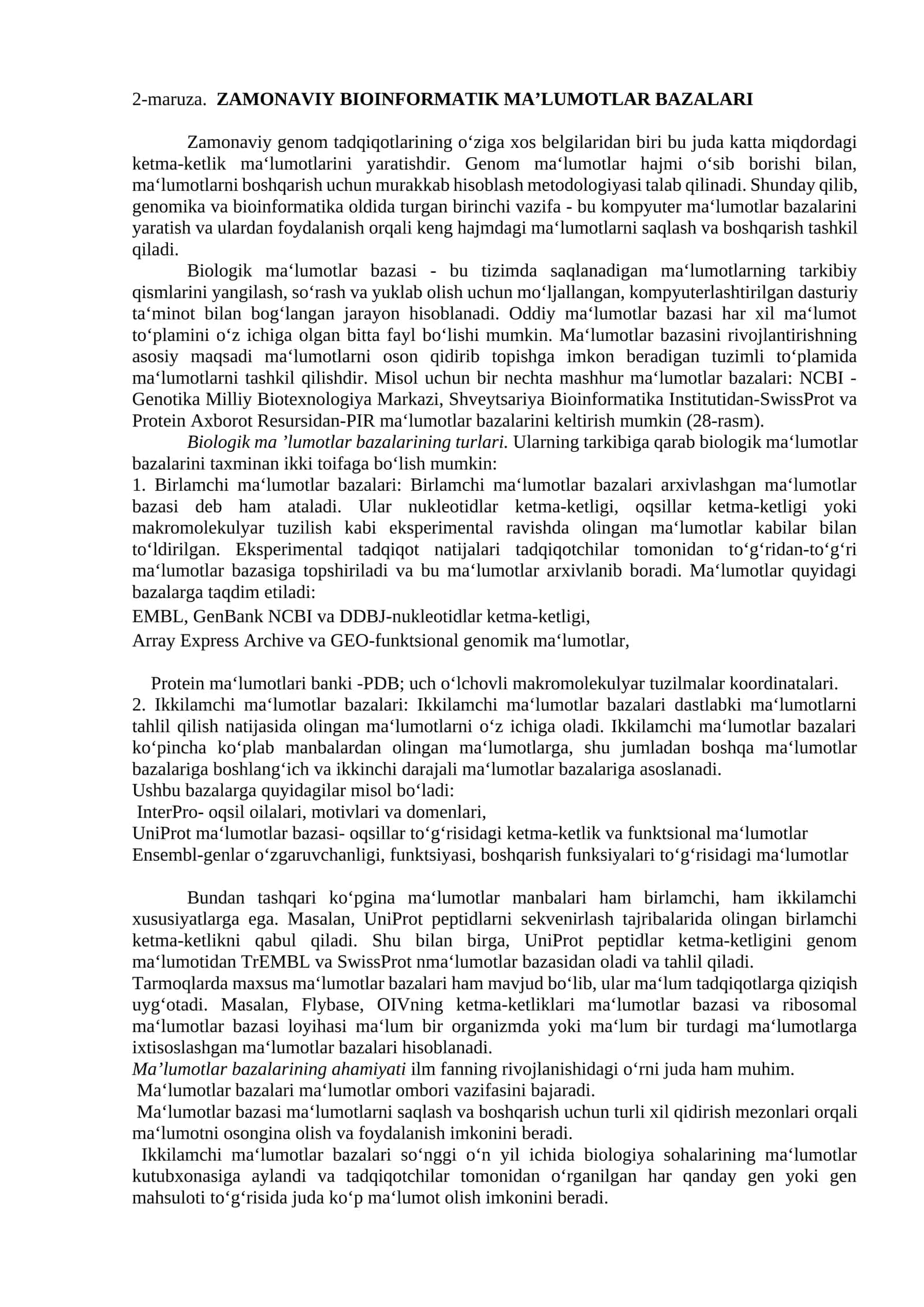 ZAMONAVIY BIOINFORMATIK MA’LUMOTLAR BAZALARI 1