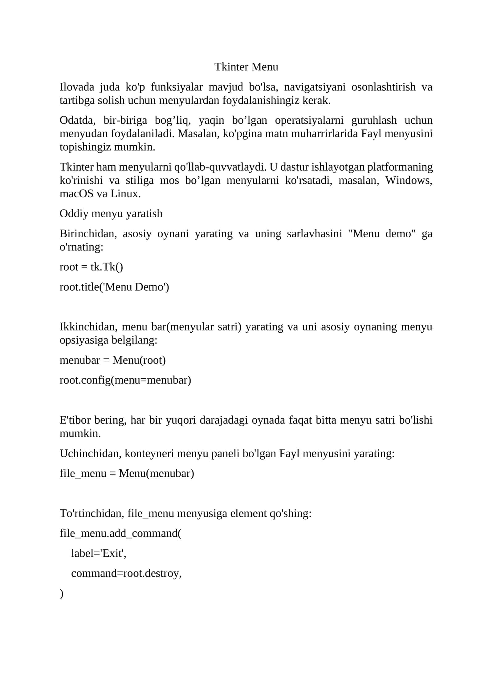 Tkinter Menu 1