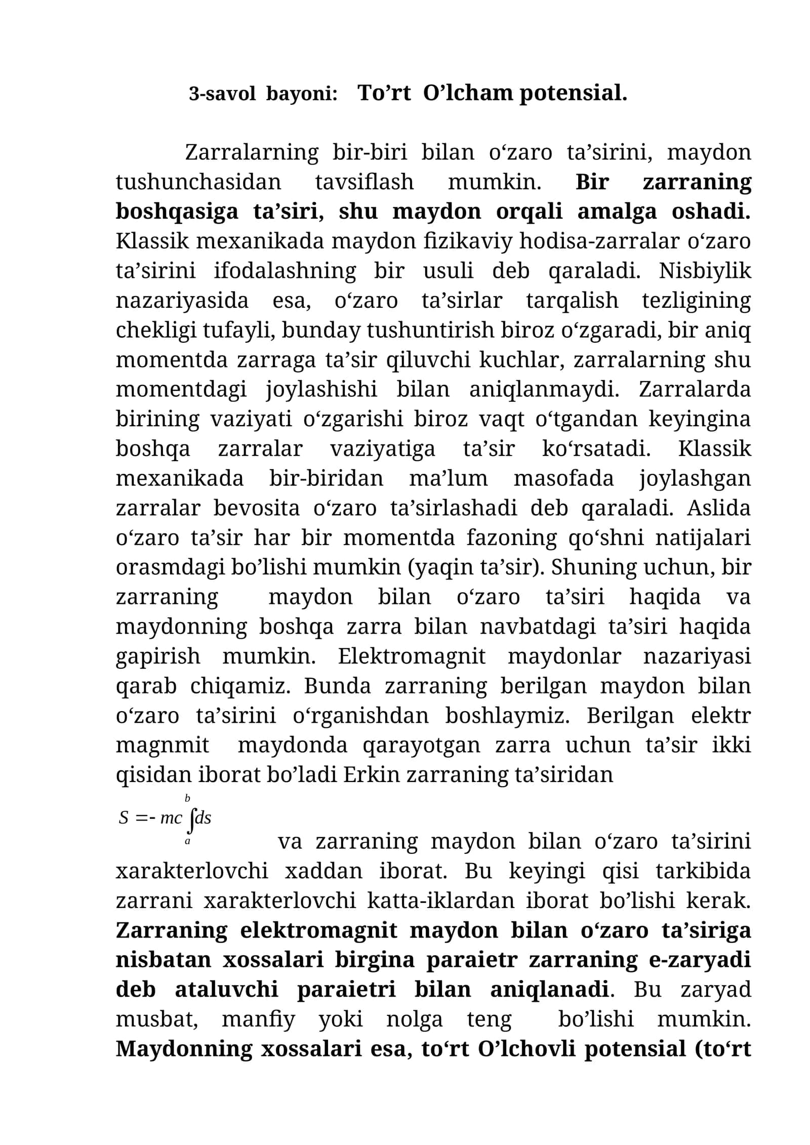 3-savol bayoni: To’rt O’lcham potensial 1