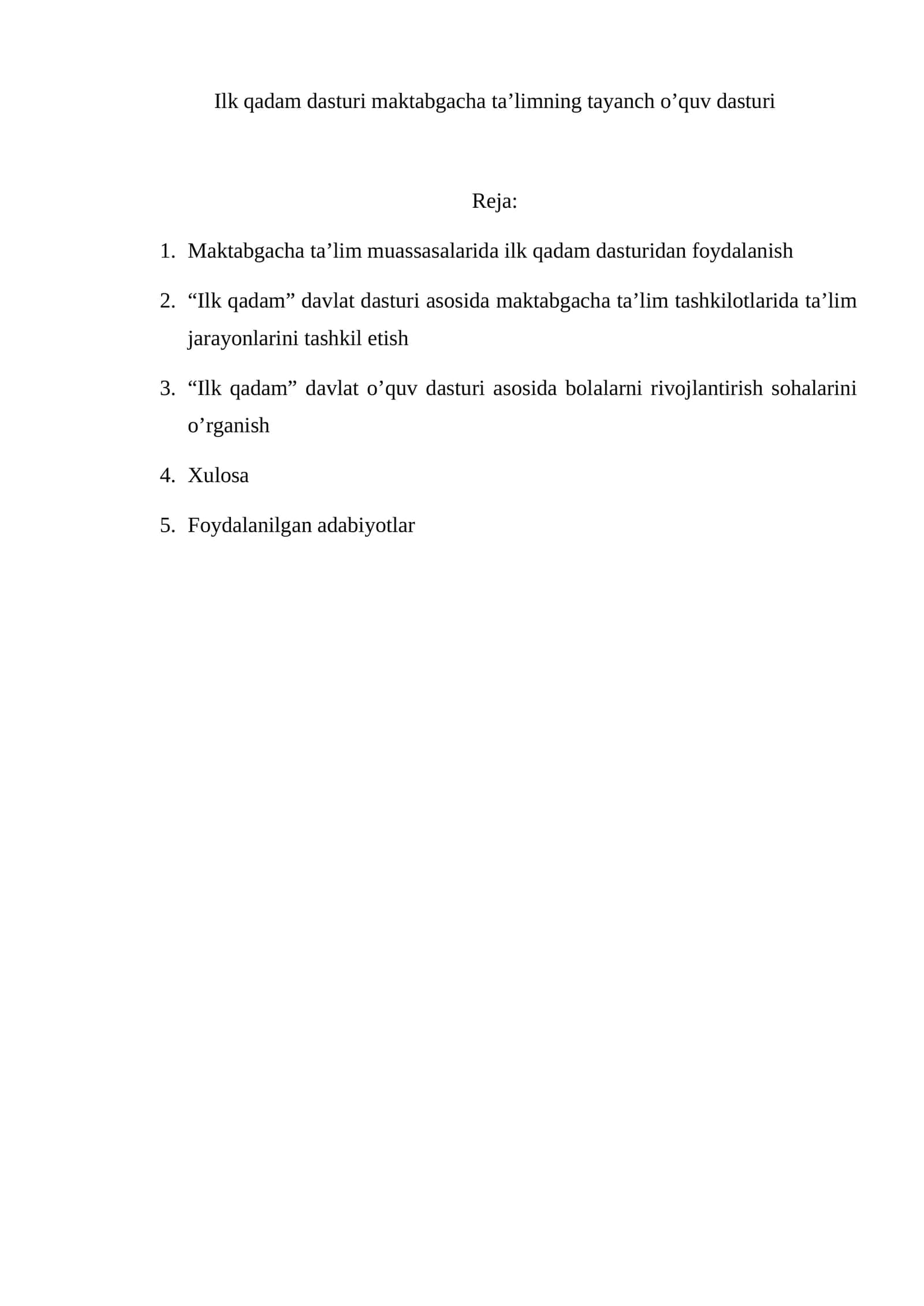 Ilk qadam dasturi maktabgacha ta’limning tayanch o’quv dasturi 1
