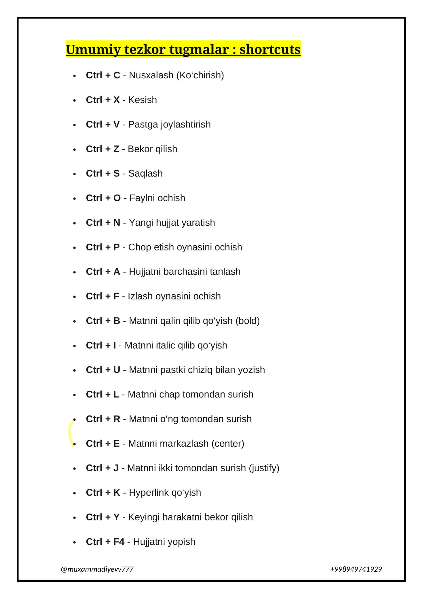 Umumiy tezkor tugmalar : shortcuts 1