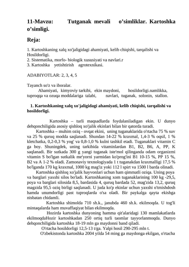 Tutganak mevali o’simliklar. Kartoshka o’simligi 1