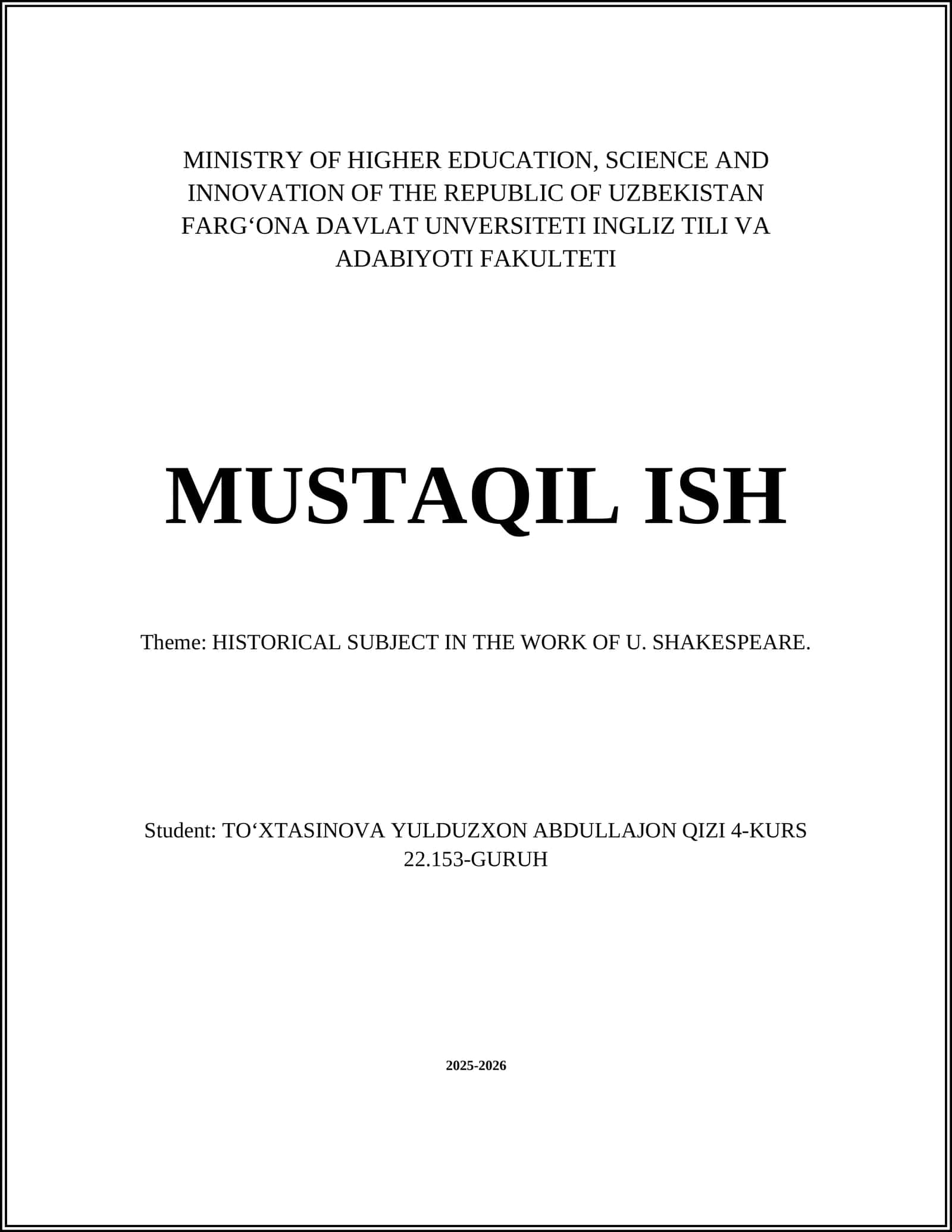 HISTORICAL SUBJECT IN THE WORK OF U. SHAKESPEARE 1