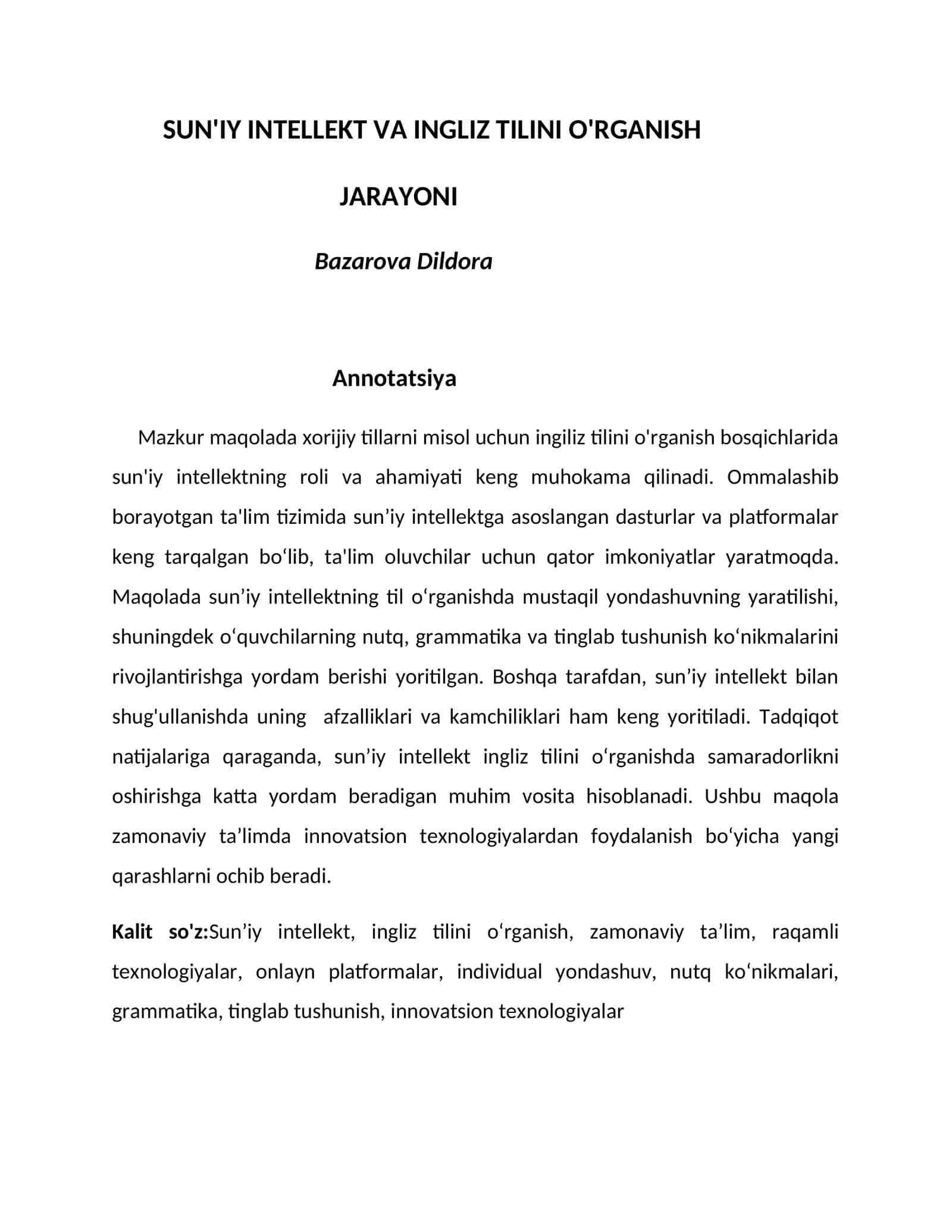 SUN'IY INTELLEKT VA INGLIZ TILINI O'RGANISH JARAYONI 1