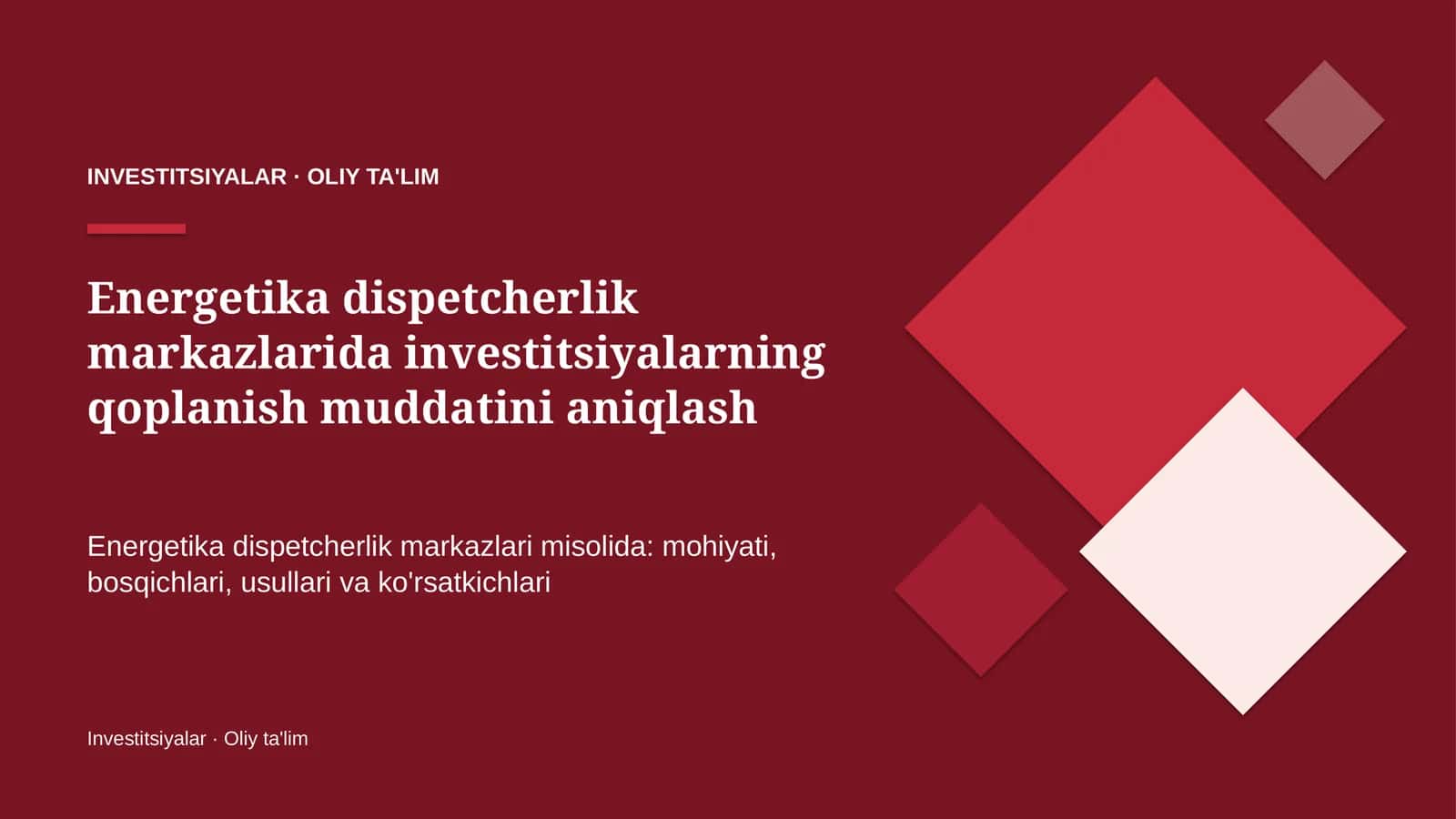 Energetika dispetcherlik markazlarida investitsiyalarning qoplanish muddatini aniqlash 1