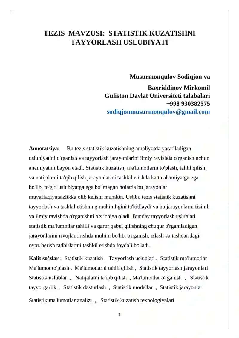 Statistik Kuzatishni Tayyorlash Uslubiyati
