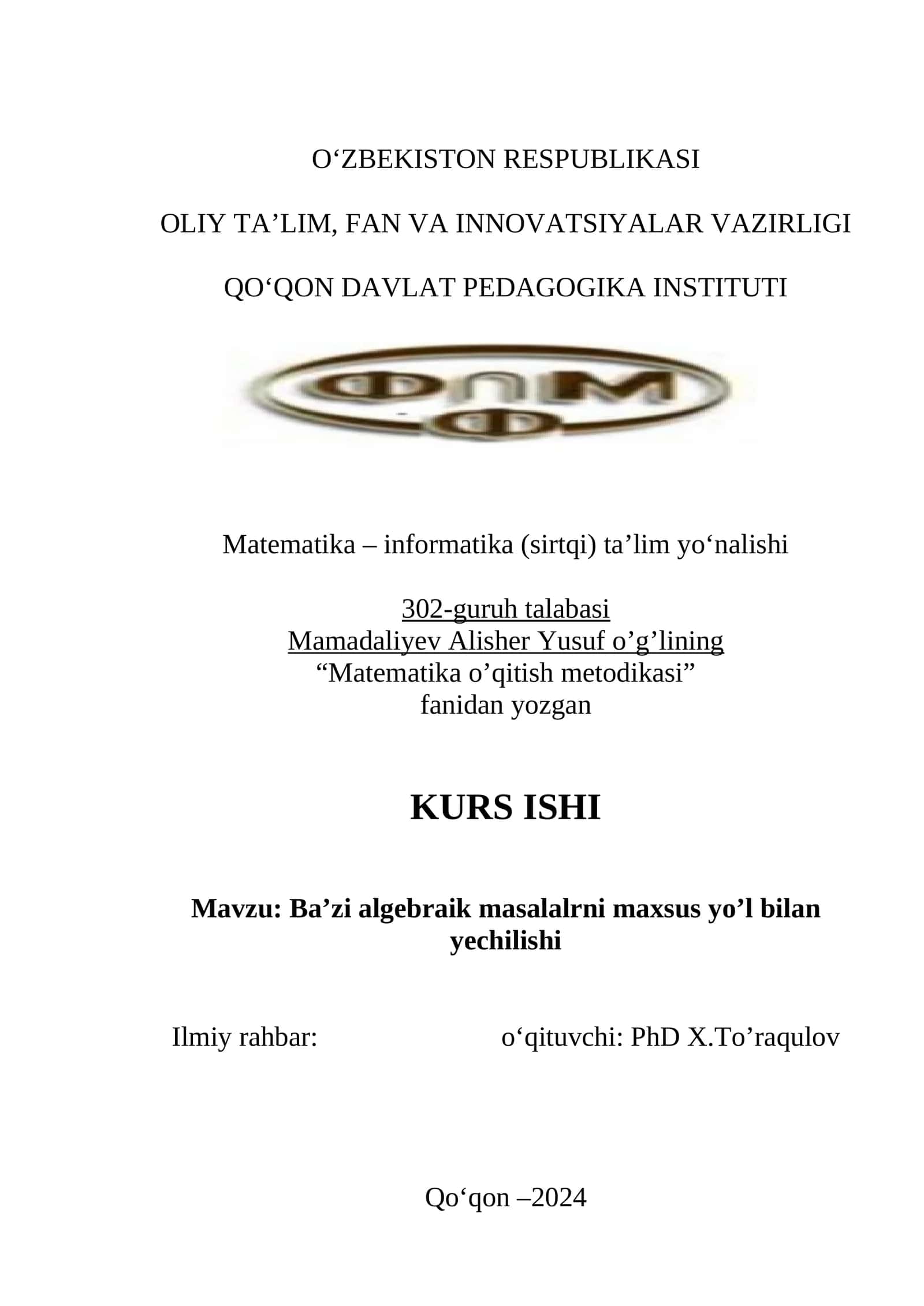 Baʼzi algebraik masalalarni maxsus yoʻl bilan yechilishi 1