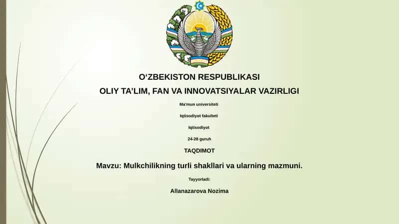 Mulkchilikning turli shakllari va ularning mazmuni 1