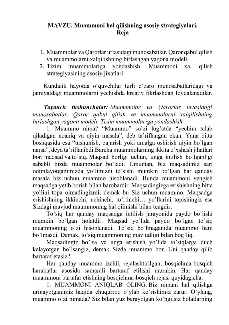 MAVZU. Muammoni hal qilishning asosiy strategiyalari.. 1