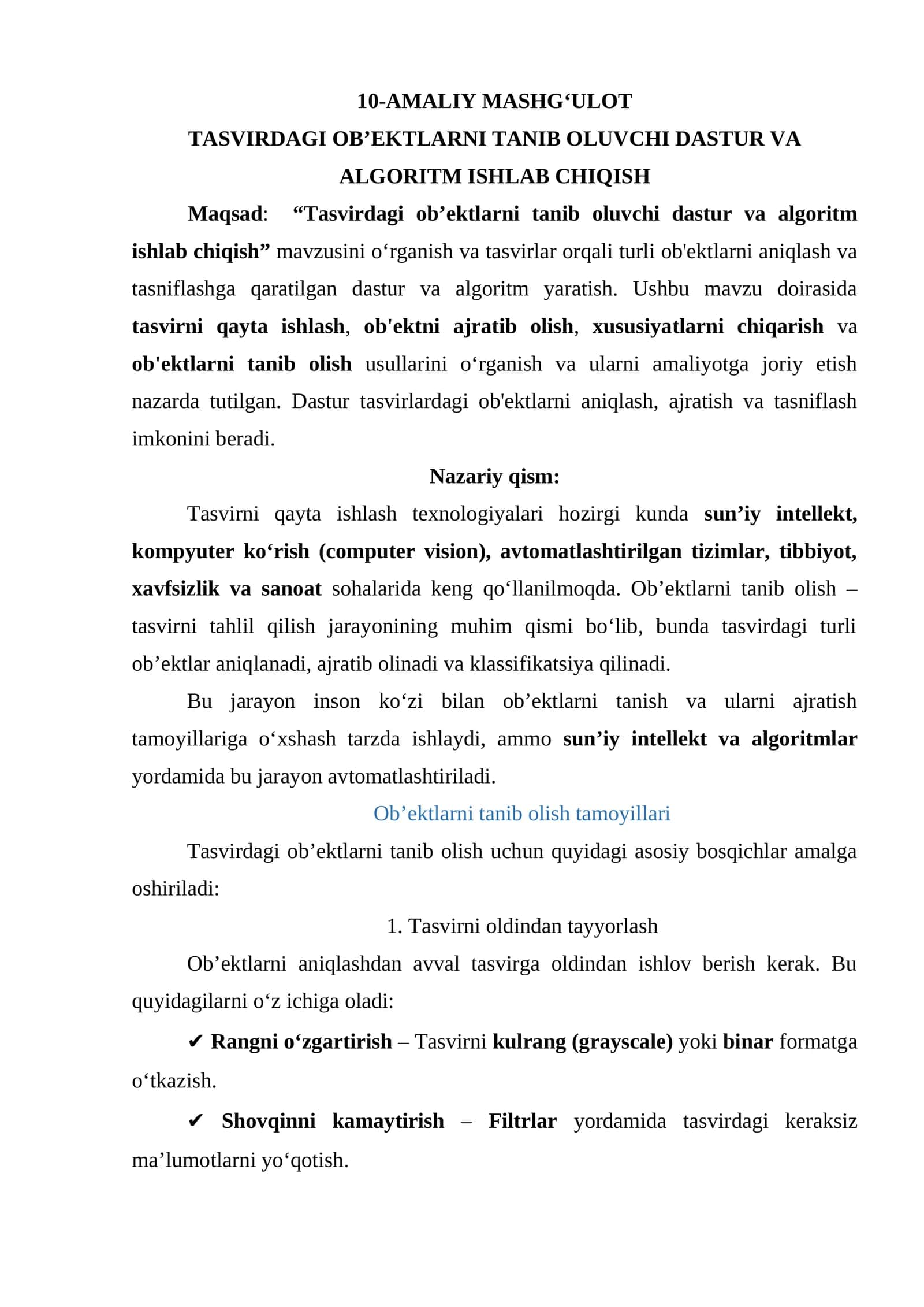 10-AMALIY MASHGʻULOT TASVIRDAGI OB’EKTLARNI TANIB OLUVCHI DASTUR VA ALGORITM ISHLAB CHIQISH 1