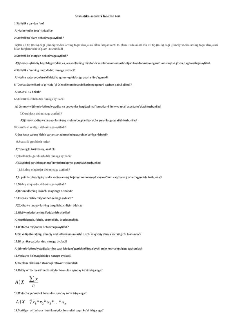 Statistika asoslari fanidan test 1