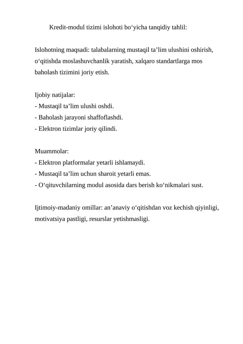 Kredit-modul Tizimi Islohoti Bo‘yicha Tanqidiy Tahlil 1