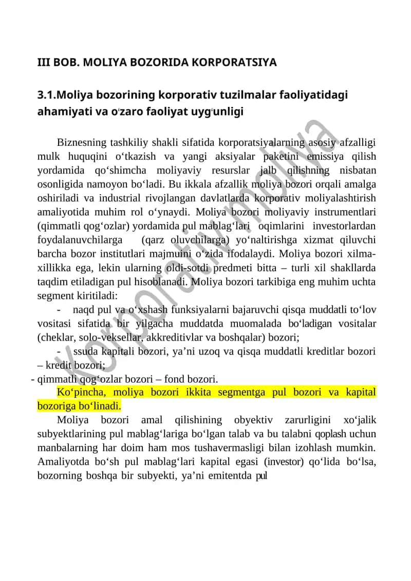MOLIYA BOZORIDA KORPORATSIYA 1