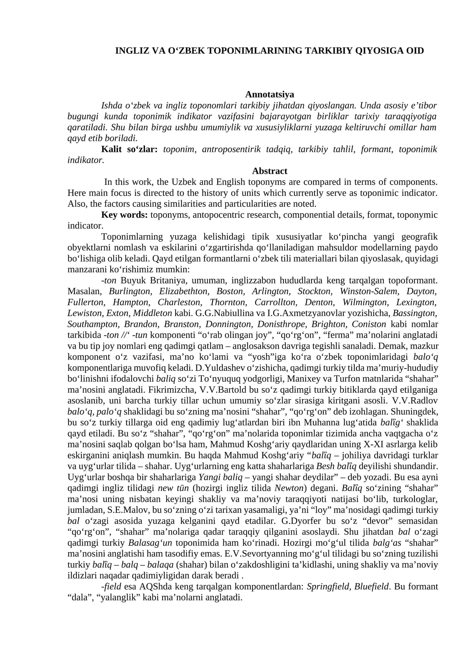 INGLIZ VA OʻZBEK TOPONIMLARINING TARKIBIY QIYOSIGA OID 1