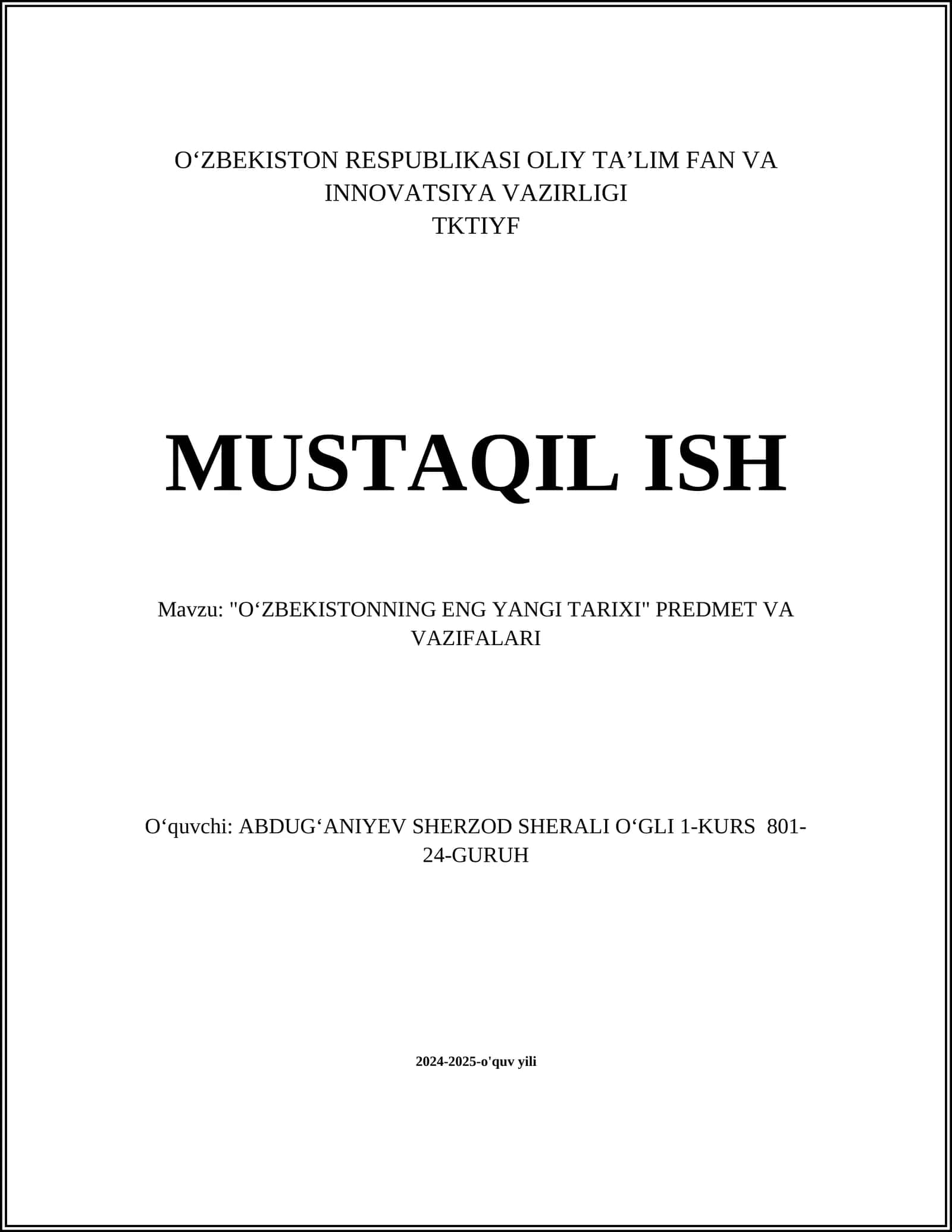 "OʻZBEKISTONNING ENG YANGI TARIXI" PREDMET VA VAZIFALARI 1