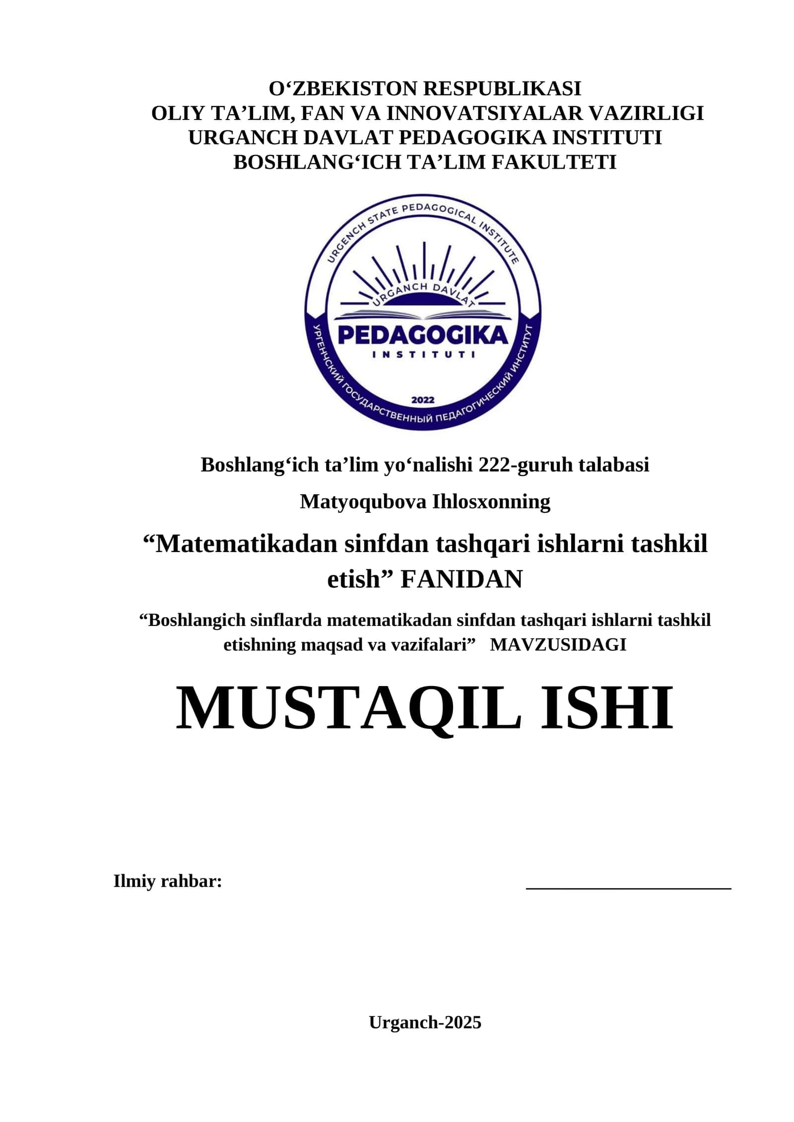 Boshlang‘ich sinflarda matematikadan sinfdan tashqari ishlarni tashkil etish 1