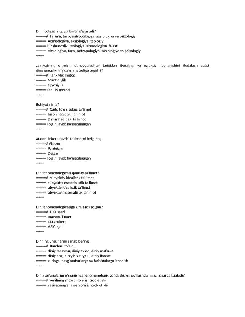 Dinshunoslik. testlar to'plami 1