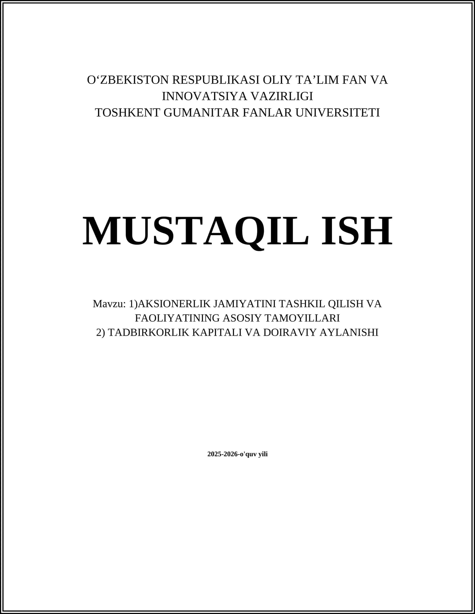 AKSIONERLIK JAMIYATINI TASHKIL QILISH VA FAOLIYATINING ASOSIY TAMOYILLARI 1