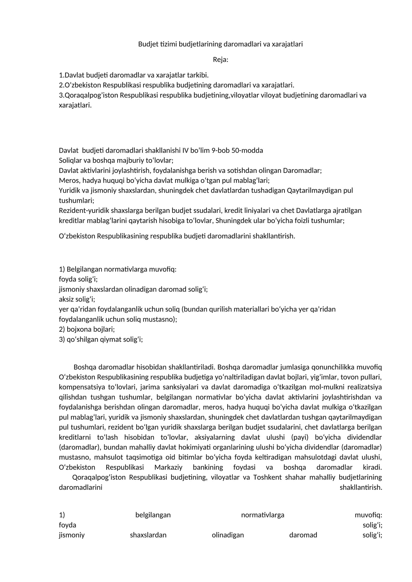Budjet tizimi budjetlarining daromadlari va xarajatlari 1