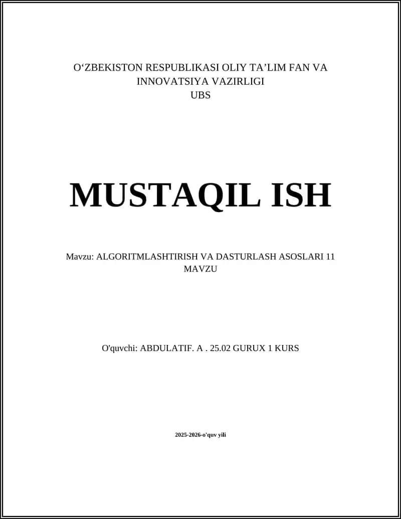 ALGORITMLASHTIRISH VA DASTURLASH ASOSLARI 11 1