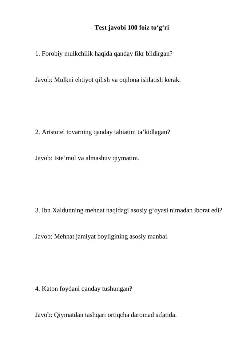 Iqtisodiy ta'limotlar tarixi testlar javobi bilan 1