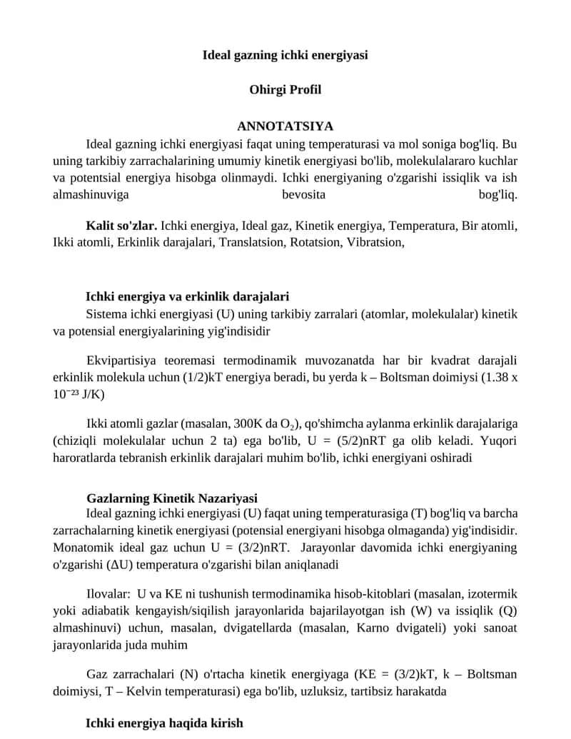 Ideal gazning ichki energiyasi 1