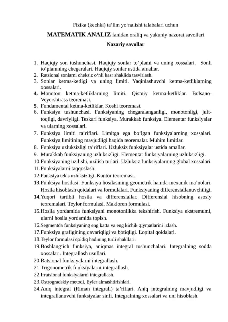 MATEMATIK ANALIZ talabalari uchun 1