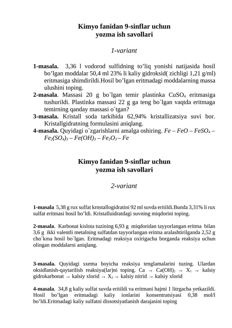 Kimyo fanidan 9-sinflar uchun yozma ish savollari 1