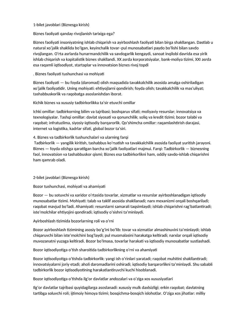 biznesga krish fanidan yakuni javoblari bilan 1