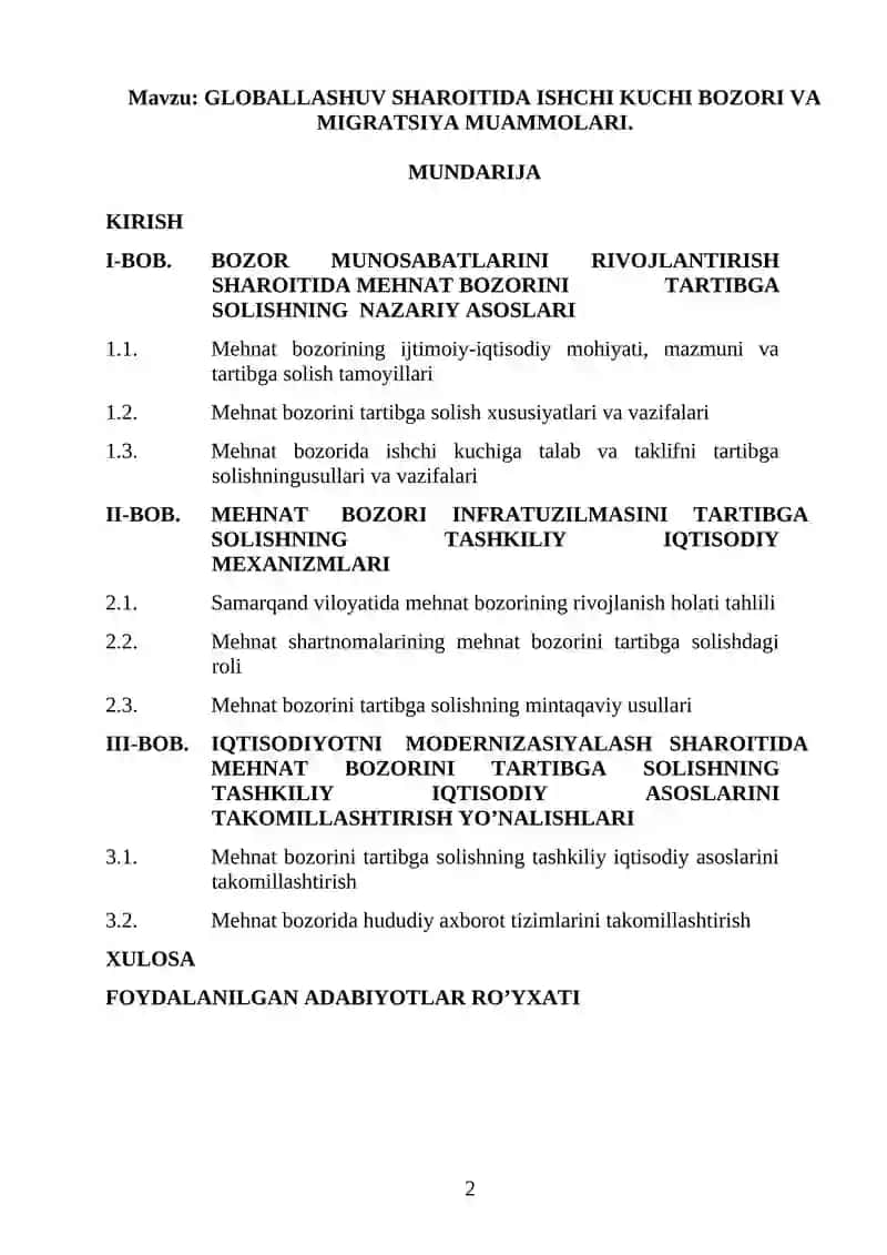 GLOBALLASHUV SHAROITIDA ISHCHI KUCHI BOZORI VA MIGRATSIYA MUAMMOLARI