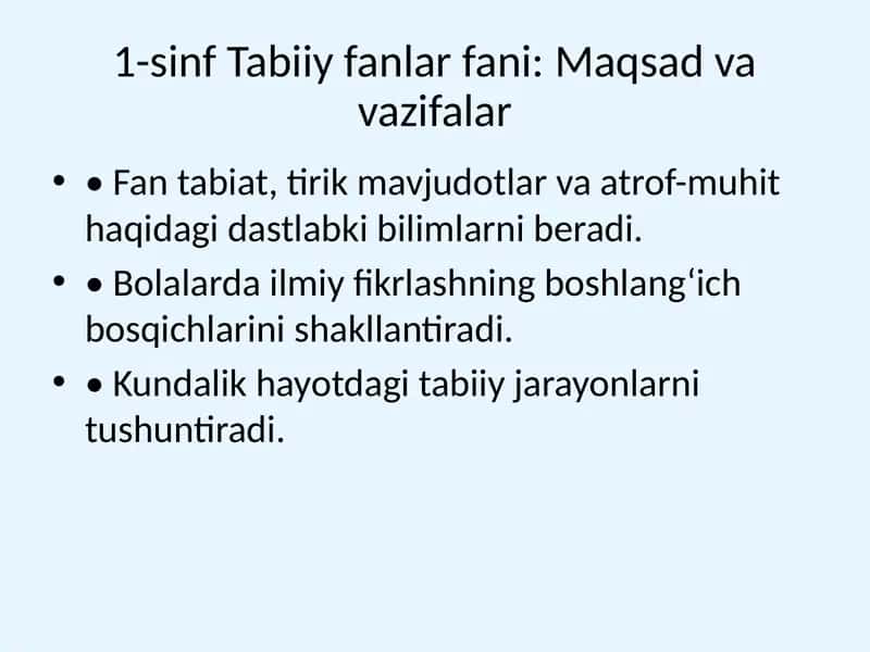 1-sinf Tabiiy fanlar fani: Maqsad va vazifalar 1