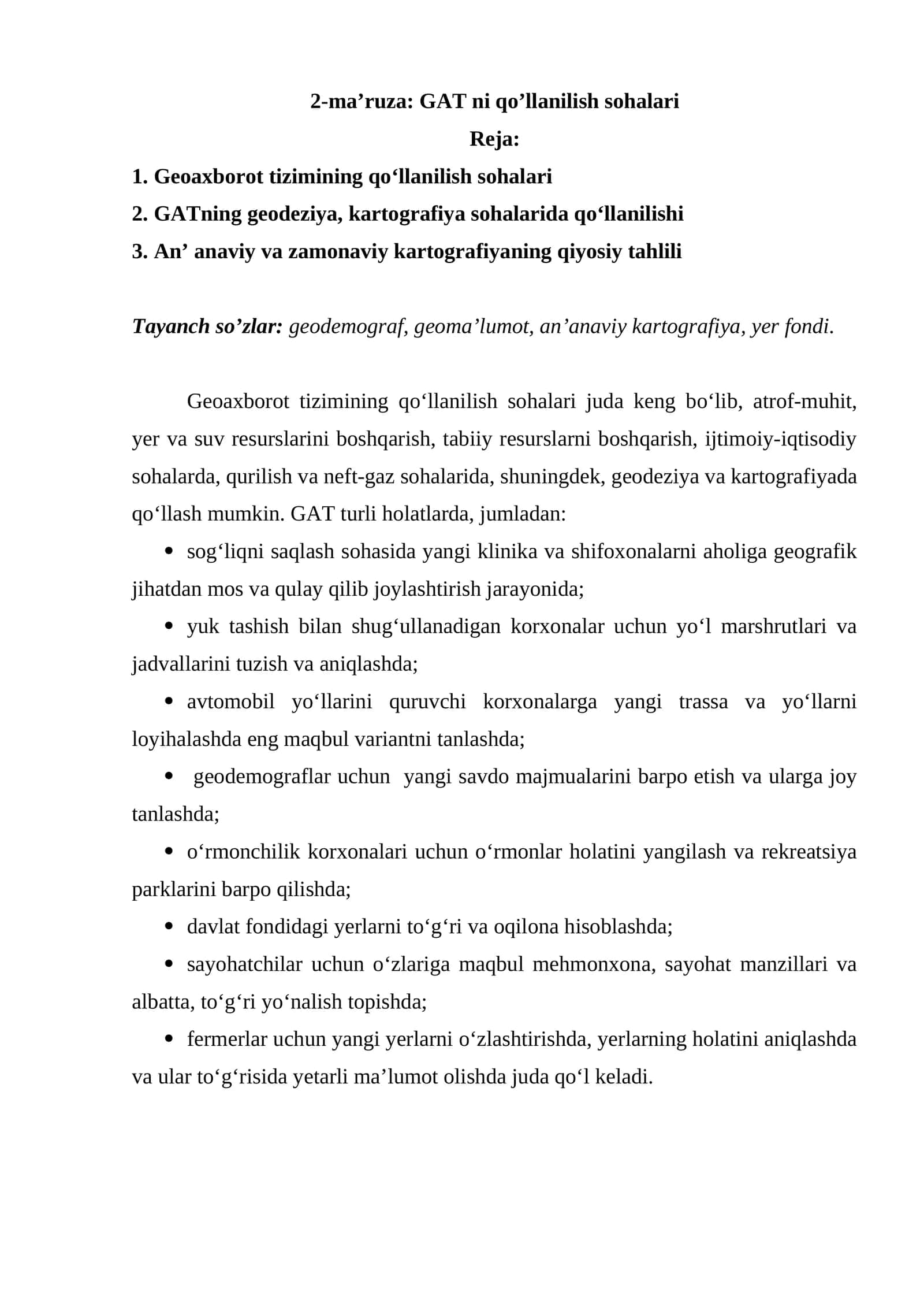 Geoaxborot tizimining qoʻllanilish sohalari 1