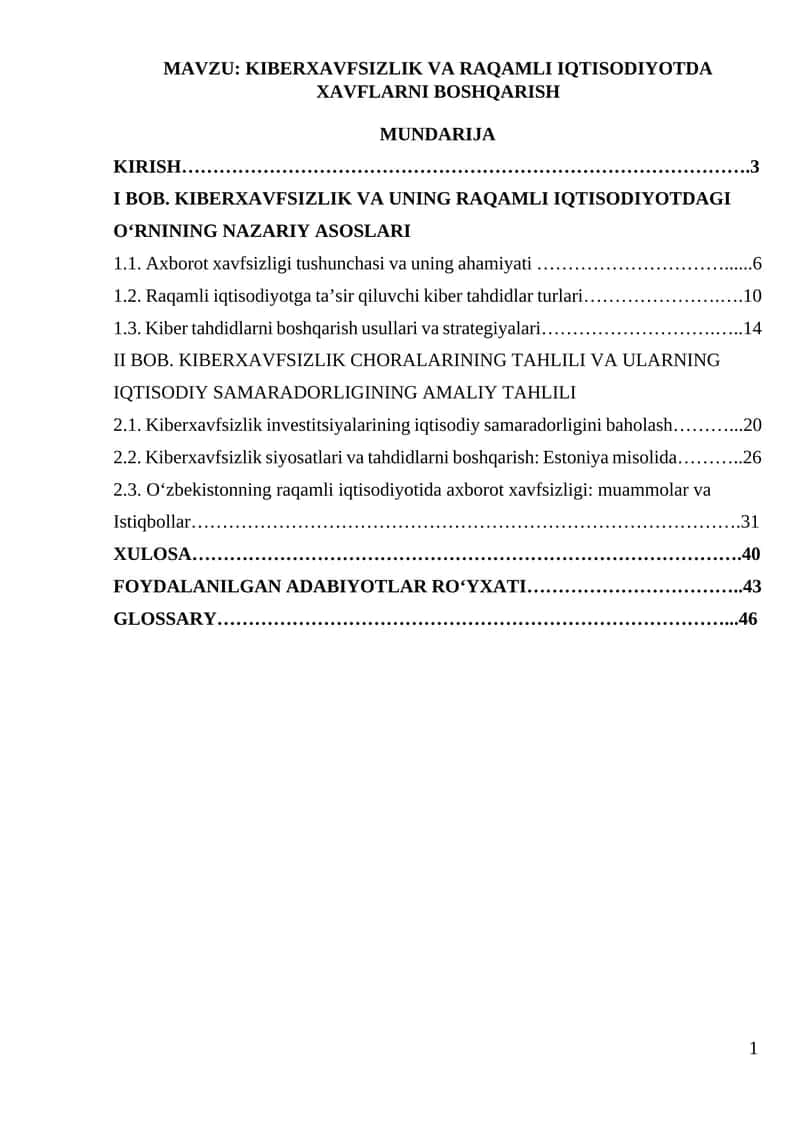 Kiberxavfsizlik va raqamli iqtisodiyotda xavflarni boshqarish 1