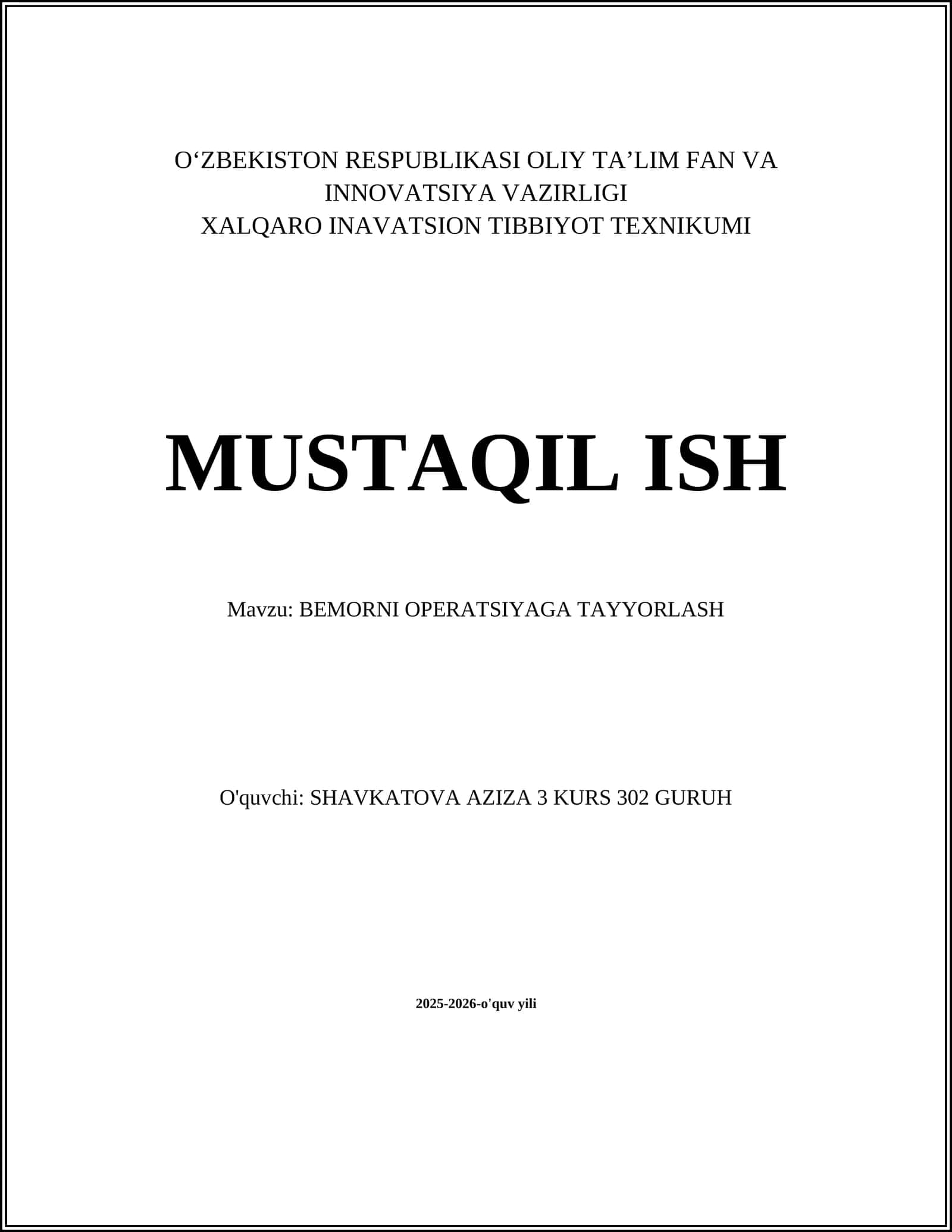 BEMORNI OPERATSIYAGA TAYYORLASH 1