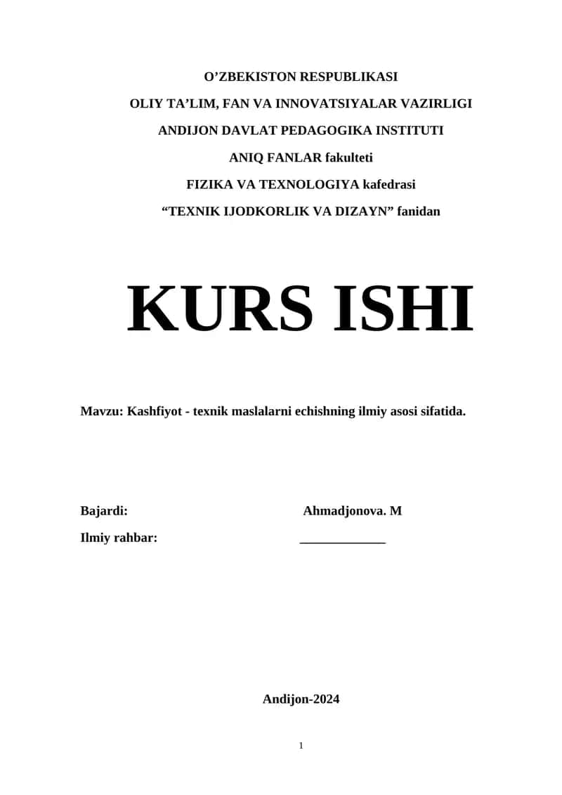 TEXNIK IJODKORLIK VA DIZAYN KURS ISHI 1