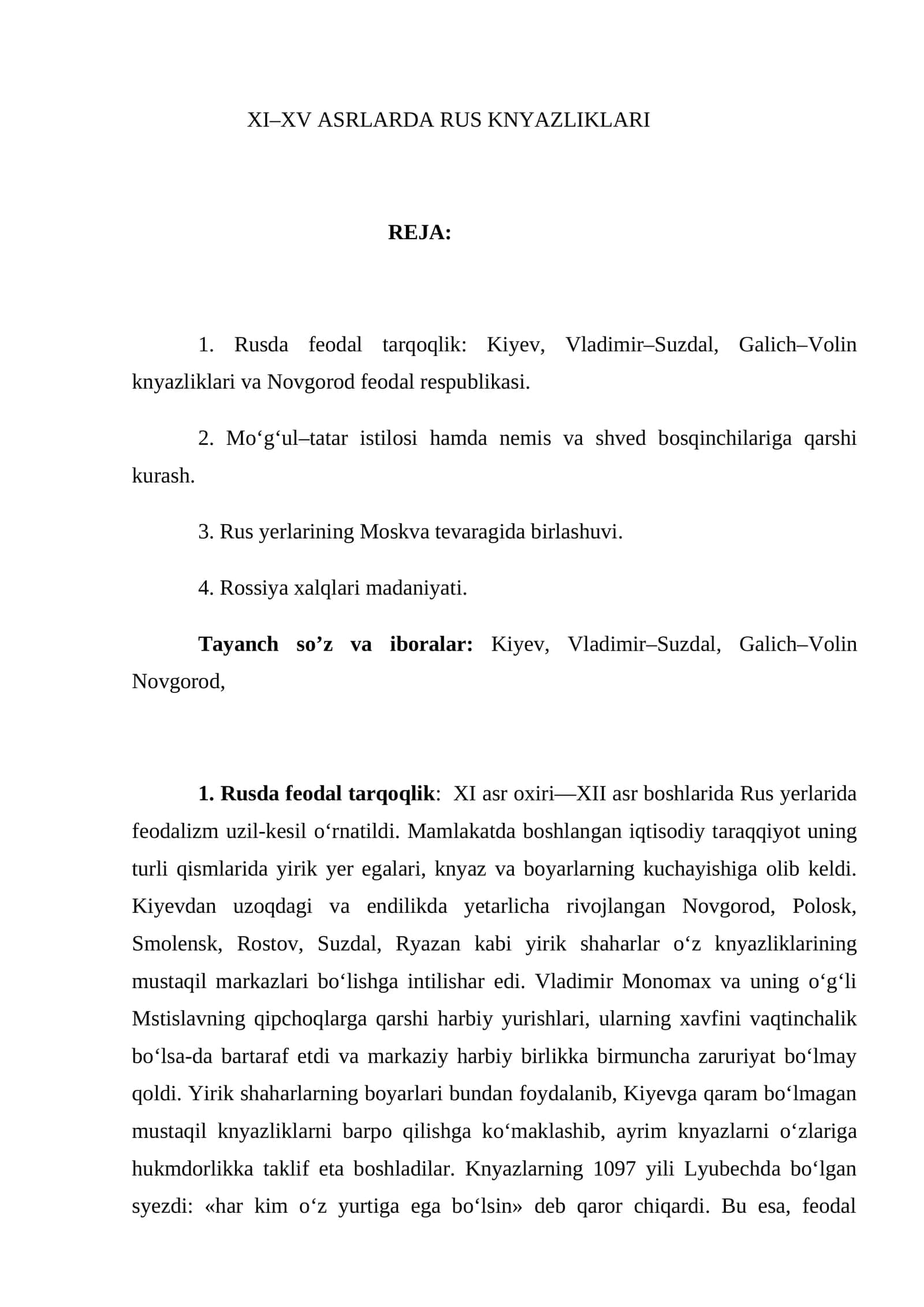 XI–XV ASRLARDA RUS KNYAZLIKLARI 1