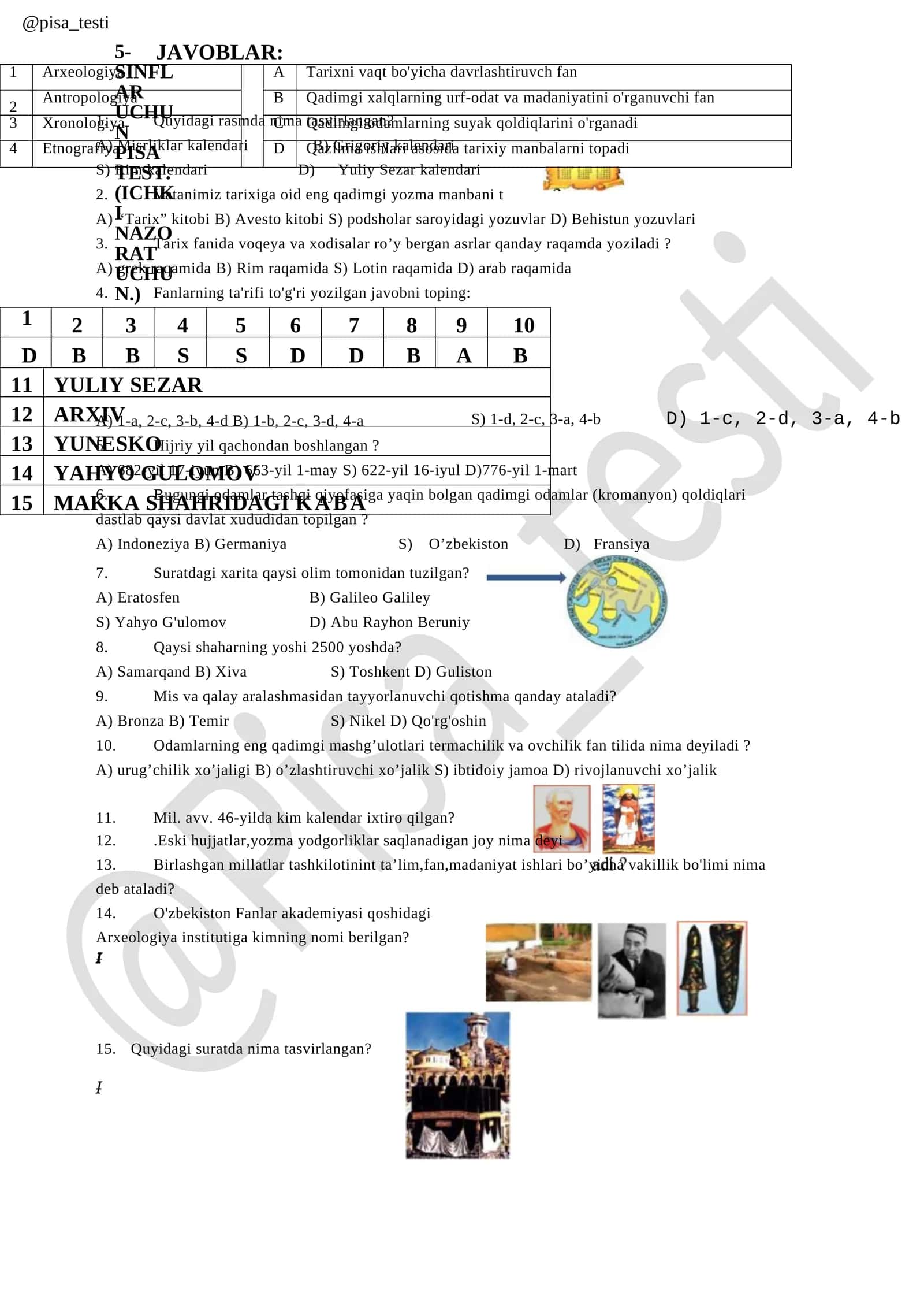 5-SINFLAR UCHUN PISA TEST. (ICHKI NAZORAT UCHUN.) 1